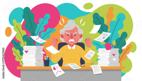 Overworked senior woman erupting in anger at her desk surrounded by excessive paperwork and stress