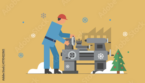 Factory engineer working a lathe machine during the winter holidays and Christmas season