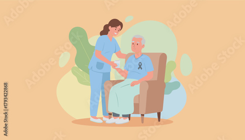 Professional caregiver tending to senior patient seated in a chair Compassionate elder care support