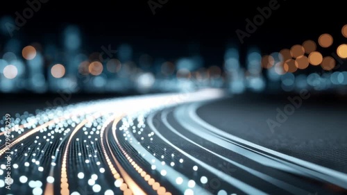 Light streaks trace paths through a dark cityscape illuminating the nighttime travel with vibrant energy