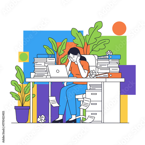 Overworked businesswoman stressed by excessive paperwork and deadlines at the office desk