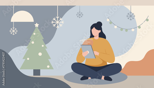 Woman relaxing with tablet by Christmas tree enjoying cozy winter holiday shopping or communication
