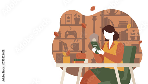 Woman works remotely on tablet in a cozy autumn home office setting