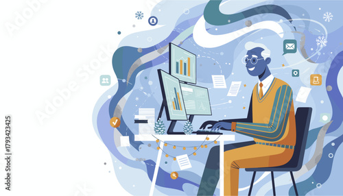Senior professional works on financial data in a festive winterthemed business illustration