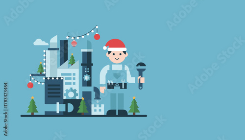 Christmas factory worker with wrench Seasonal industrial maintenance concept