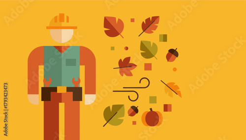 Flat design illustration of a maintenance worker in autumn with falling leaves and seasonal elements
