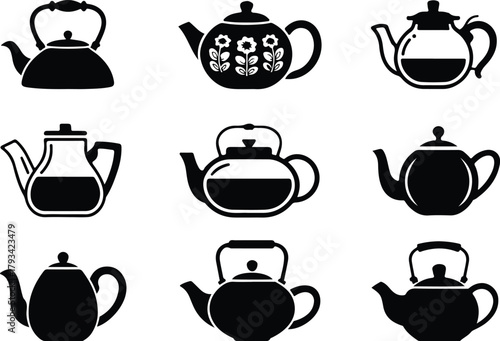 Teapot Icon Set  Classic and Modern Tea Kettle Silhouette Collection Teapot and Teacup Icons  Kitchen, Café, and Beverage Vector Set