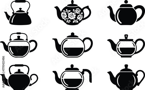 Teapot Icon Set  Classic and Modern Tea Kettle Silhouette Collection Teapot and Teacup Icons  Kitchen, Café, and Beverage Vector Set