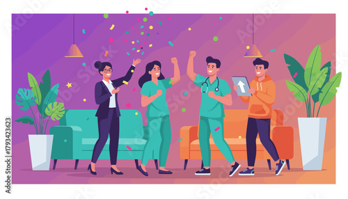 Successful mixed professional team celebrating victory and achievement with festive confetti