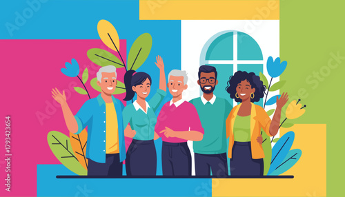 Diverse group of smiling people waving happily celebrating community and friendship