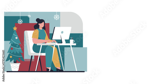 Woman works on computer at festive desk with a Christmas tree Remote holiday work and business