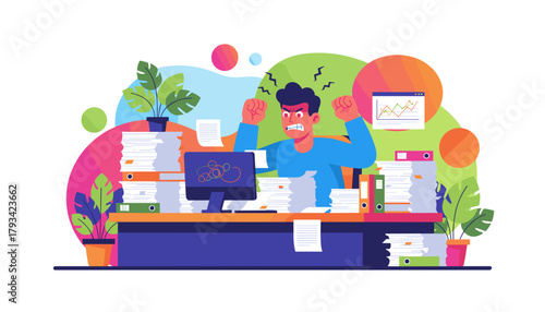 Angry businessman overwhelmed by massive piles of paper and office workload stress