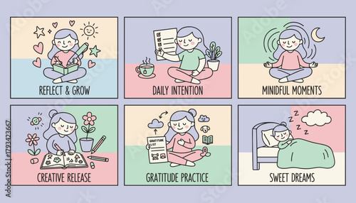 Daily selfcare routine vector set journaling meditating creative release and sleeping