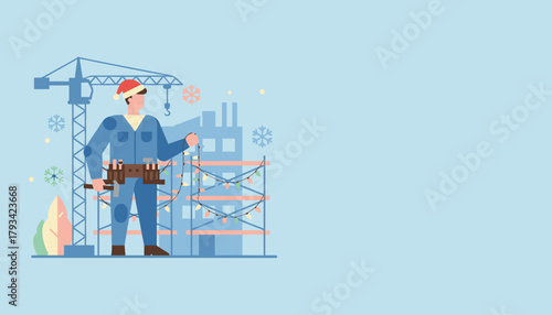 Hardworking builder decorates the construction site for Christmas in winter wearing a Santa hat