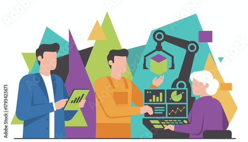 Industrial team using robotic automation and data management in smart factory