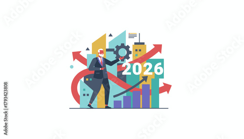 Business executive planning 2026 growth strategy with upward arrows and charts