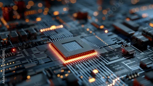 Close up abstract futuristic computer chip Illuminated circuit board displays complex data connections glowing with vibrant digital energy