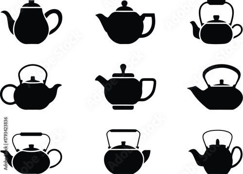 Teapot Icon Set  Classic and Modern Tea Kettle Silhouette Collection Teapot and Teacup Icons  Kitchen, Café, and Beverage Vector Set