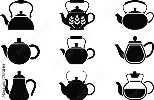 Teapot Icon Set  Classic and Modern Tea Kettle Silhouette Collection Teapot and Teacup Icons  Kitchen, Café, and Beverage Vector Set