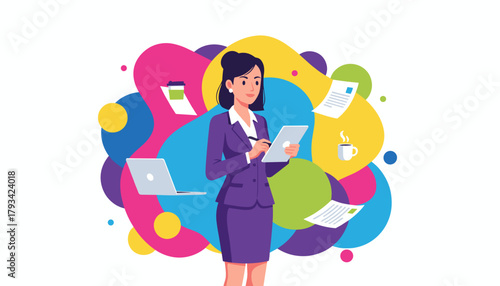 Business woman using tablet for multitasking and management in a vibrant abstract work environment