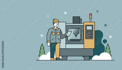 Industrial worker operating a CNC milling machine in a cold snowy outdoor manufacturing setting illustration