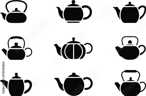 Teapot Icon Set  Classic and Modern Tea Kettle Silhouette Collection Teapot and Teacup Icons  Kitchen, Café, and Beverage Vector Set