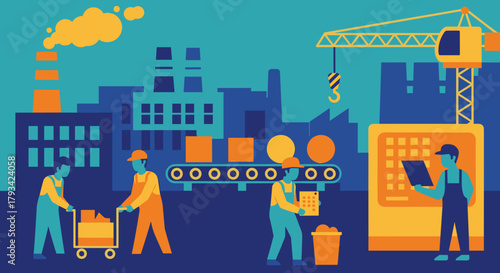 Industrial manufacturing process illustration Workers manage production line and heavy machinery
