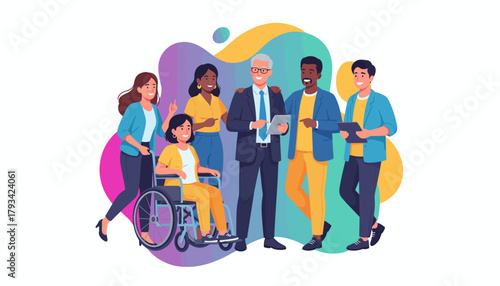 Inclusive and diverse team collaborating happily Equality in the workplace concept