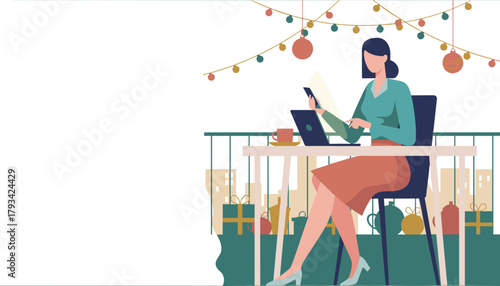 Festive remote work Woman using laptop and phone on a holiday decorated balcony