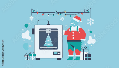 Snowman character 3D printing a Christmas tree Modern holiday manufacturing concept