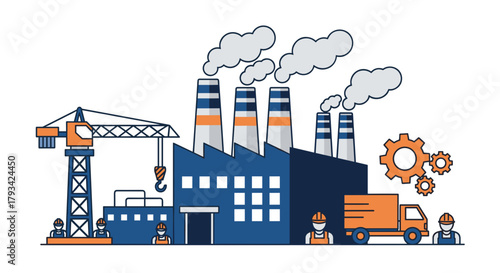 Manufacturing factory illustration with workers crane delivery truck and gears Production concept