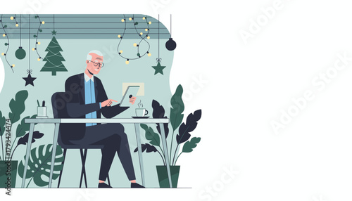 Senior executive works on laptop in a festive plantfilled office during the holidays