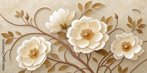 Wallpaper Mural Elegant floral arrangement with delicate white blossoms and golden accents on a textured background Torontodigital.ca