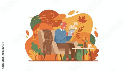 Elderly man frustrated by digital device issues at home during fall