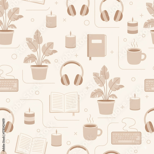 Soft beige seamless pattern with plants, candles, coffee, headphones, books, and keyboards. Calm cozy home office aesthetic ideal for stationery and textiles. Vector illustration