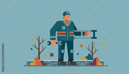 Industry worker with safety helmet and uniform holding wrench and ladder