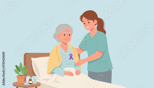 Caregiver supports elderly patient with purple awareness ribbon in bed Medical support and compassion