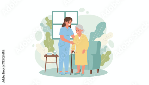 Caregiver assisting senior woman with walking and home healthcare support