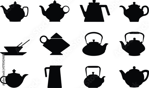 Teapot Icon Set  Classic and Modern Tea Kettle Silhouette Collection Teapot and Teacup Icons  Kitchen, Café, and Beverage Vector Set