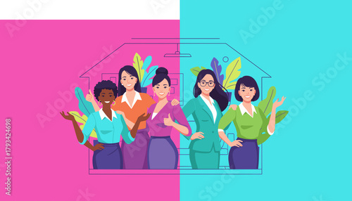 Smiling diverse business women standing together symbolizing success team and community