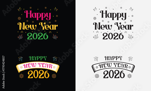 Happy New Year 2026 vector logo collection. Six unique typographic styles, perfect for greeting cards, event posters, and apparel.