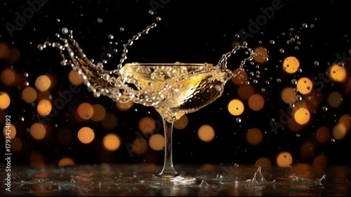 A martini glass overflows with liquid creating a dynamic splash against a dark bokeh background sparkling like celebrations