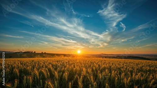 Fototapeta Naklejka Na Ścianę i Meble -  Sunset over a golden wheat field at sunrise or sunset with sky clouds and horizon. Natural landscape scene with vibrant colors.