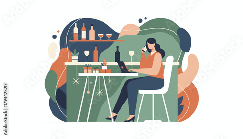 Woman works remotely on laptop and phone at a modern bar with wine and gifts Holiday multitasking concept