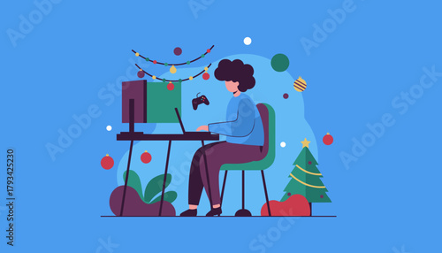 Gamer or remote worker using a laptop during Christmas decorated workspace