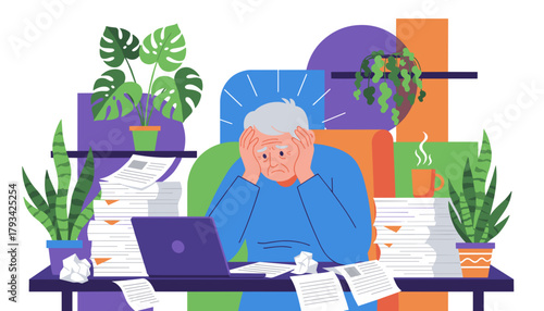 Stressed senior man suffering burnout from overwhelming paperwork and excessive office workload