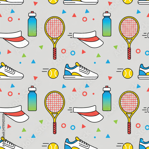 Bright seamless pattern with tennis rackets, shoes, balls, visors, and bottles on a grey background. Sporty, playful design perfect for prints and activewear.. Vector illustration