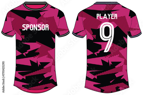 Camouflage Sports jersey t shirt design Flat sketch illustration, Round neck football jersey concept with front and back view for Cricket, soccer, Volleyball, Rugby, tennis and badminton uniform kit