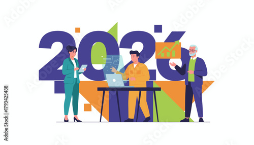 Diverse business team planning 2026 strategy analyzing future growth and data using technology