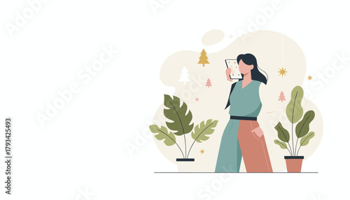 Modern woman uses tablet for data visualization and connection surrounded by indoor plants Flat illustration